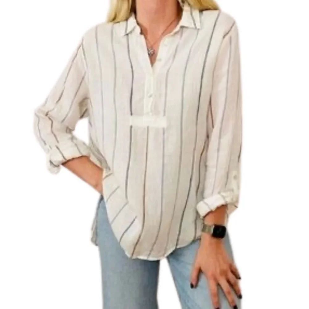 Artisan NY Striped Linen Popover Shirt Top Roll Tab Sleeves Size L